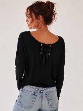 Oversized Black Lace-Up Back Stretch Knit Top |Boho Basic
